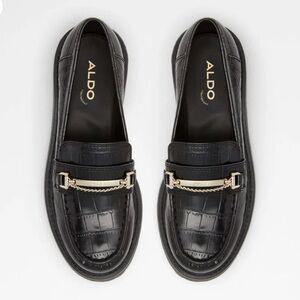 Black Loafers with Embossed Crocodile and Goldtone Metal Detail
